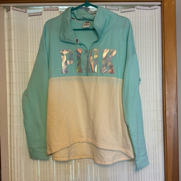 Pink Victoria Secret mint green and white half zip sweatshirt large - Picture 1 of 6